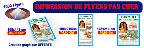 Impression recto verso de flyers pas chers de 1000 units et 3 tailles possibles.